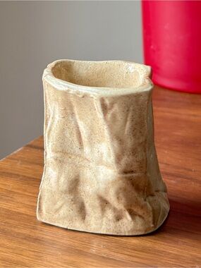 Crumpled Brown Paper Bag Ceramic Toothpick Holder Mini Bud Vase Small